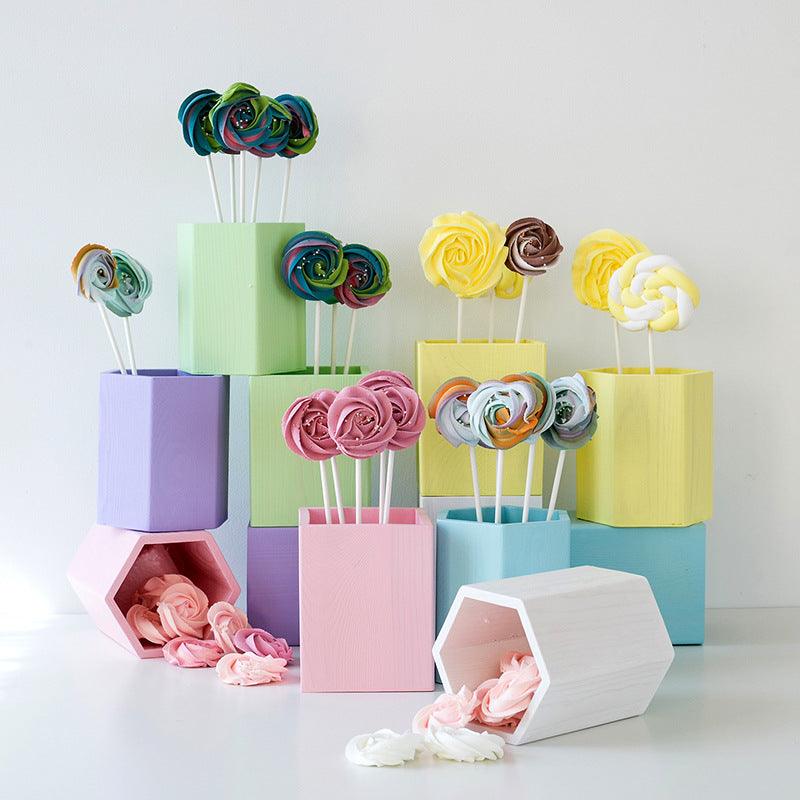 SWEETGO Straw Holder Cake Table Decoration Makeup Brush Storage Flowers Vase Background Scenery Props Lollipop Wood Pot - Pacisia