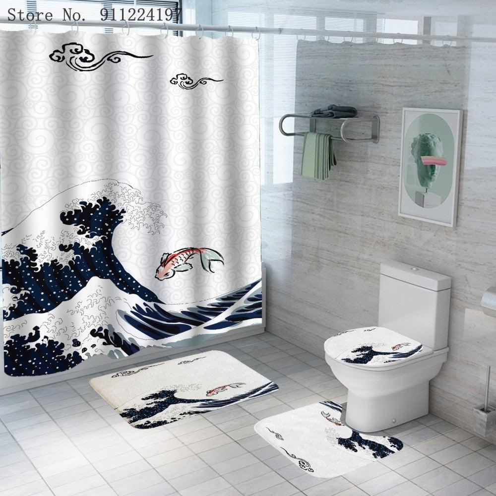 Ocean Wave Series Shower Curtain Shower Curtain Foot Pad Digital Printing Toilet Three-piece Four-piece Set - Pacisia