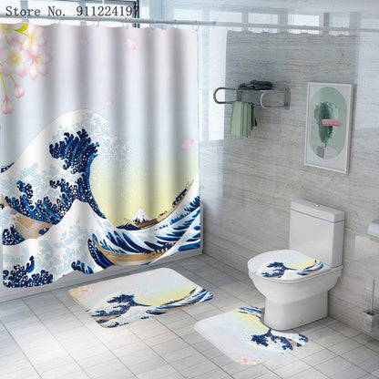 Ocean Wave Series Shower Curtain Shower Curtain Foot Pad Digital Printing Toilet Three-piece Four-piece Set - Pacisia