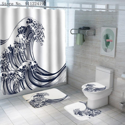 Ocean Wave Series Shower Curtain Shower Curtain Foot Pad Digital Printing Toilet Three-piece Four-piece Set - Pacisia