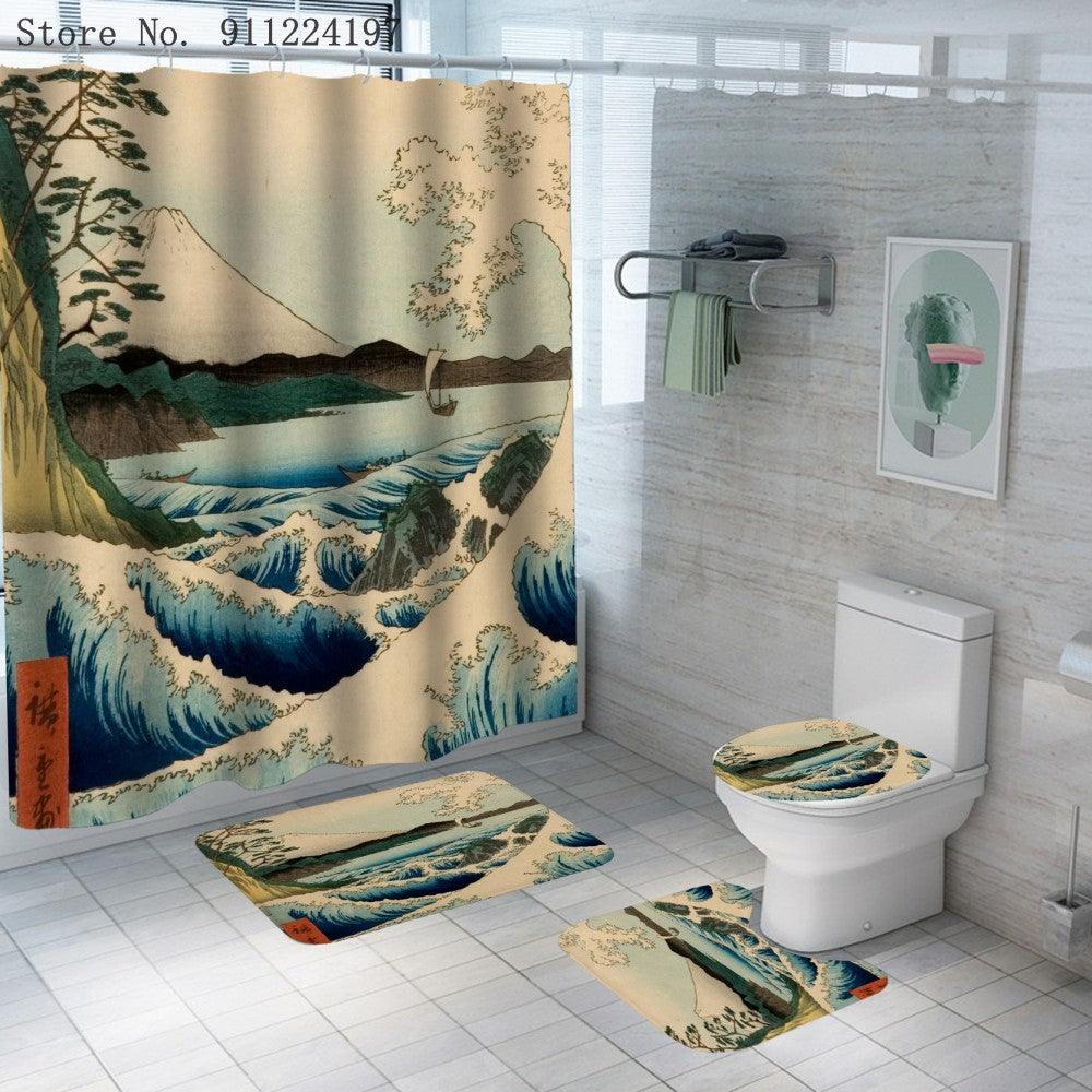 Ocean Wave Series Shower Curtain Shower Curtain Foot Pad Digital Printing Toilet Three-piece Four-piece Set - Pacisia