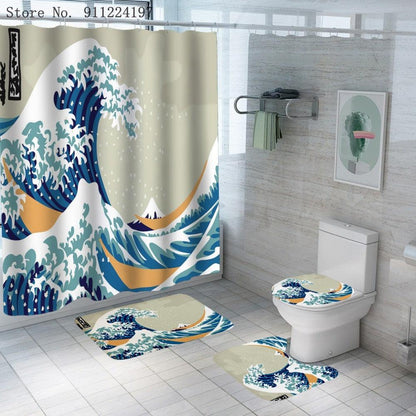 Ocean Wave Series Shower Curtain Shower Curtain Foot Pad Digital Printing Toilet Three-piece Four-piece Set - Pacisia