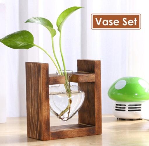 Glass Wood Vase Table Desktop Hydroponics Plant Stationery Bonsai Flower Pot Decoration Hanging Pots with Wooden Tray Pen Holder - Pacisia