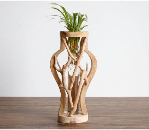 Pure Handwork Wooden Vase Decorated Solid Wood Flower Pot For Creative Glass Floral Hydroponic Container Home Decorative Vase - Pacisia