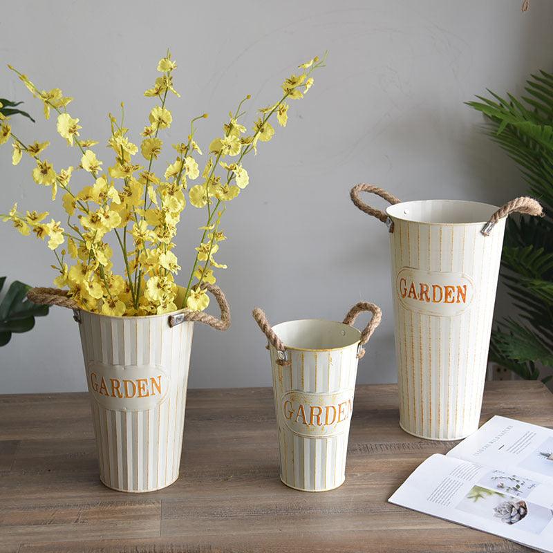 Retro Iron Vase Milky White Flower Pot Awakening Flower Bucket Creative Metal Flower Vase For Dry Flower Home Decoration - Pacisia