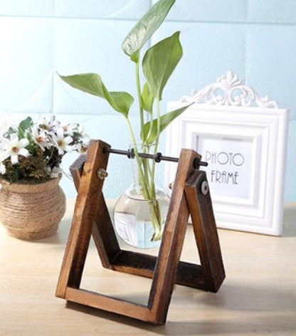 Glass Wood Vase Table Desktop Hydroponics Plant Stationery Bonsai Flower Pot Decoration Hanging Pots with Wooden Tray Pen Holder - Pacisia