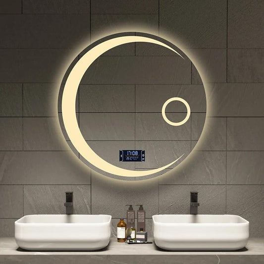 40/50/60cm Round Moon Shape Bathroom Mirror 3 Color Adjustable LED LIght With Defogging Bluetooth Speaker Smart Makeup Mirror - Pacisia