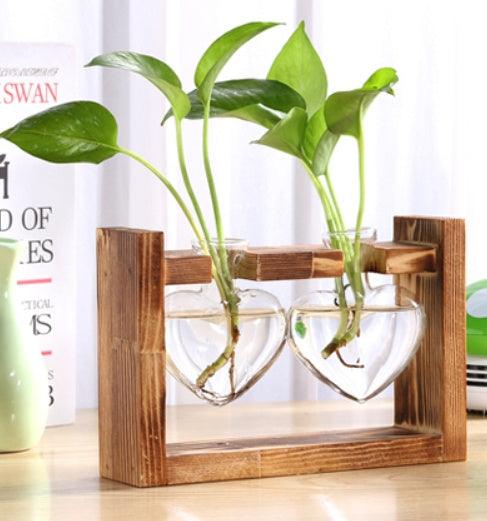 Glass Wood Vase Table Desktop Hydroponics Plant Stationery Bonsai Flower Pot Decoration Hanging Pots with Wooden Tray Pen Holder - Pacisia