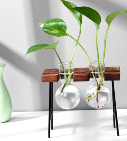 Glass Wood Vase Table Desktop Hydroponics Plant Stationery Bonsai Flower Pot Decoration Hanging Pots with Wooden Tray Pen Holder - Pacisia