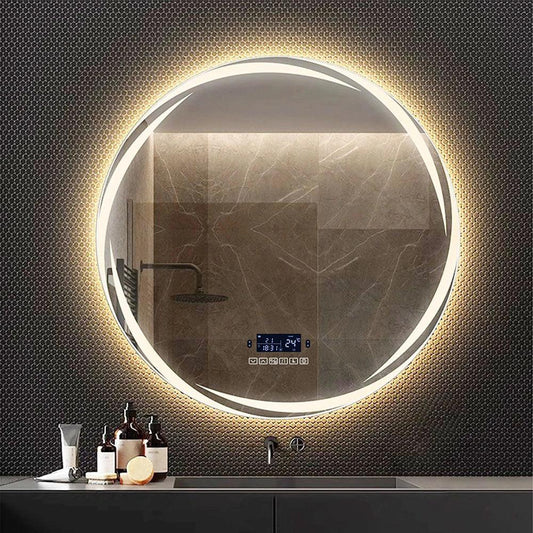 60/70/80cm Round Smart LED Bathroom Hotel Decorative Mirror 3-Color Adjustable/Bluetooth Speaker/Human Body Sensing/Time Display - Pacisia