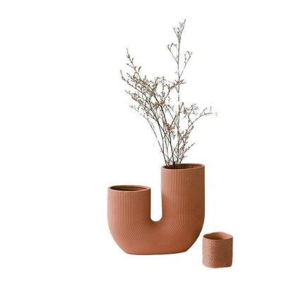 Modern And Simple U-Shaped Geometric Striped Ceramic Vase Ornaments Dry Flower Arranging Device Home Desktop Soft Decoration - Pacisia