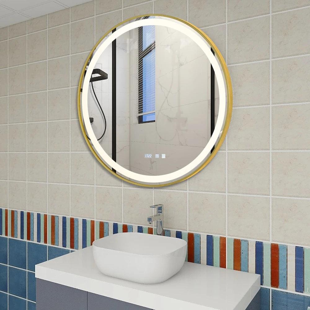 Round Smart LED Bathroom Mirror With Golden/Black Frame 3 Color LIght With Bluetooth Speaker Time&Temperature Display Defogging - Pacisia