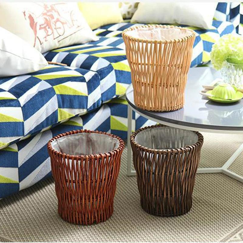 Retro Rattan Trash Can Dustbin Office Paper Bas Kitchen Garbage Bin Waste Basket Bathroom Toilet Paper Bucket Storage Bucket - Pacisia