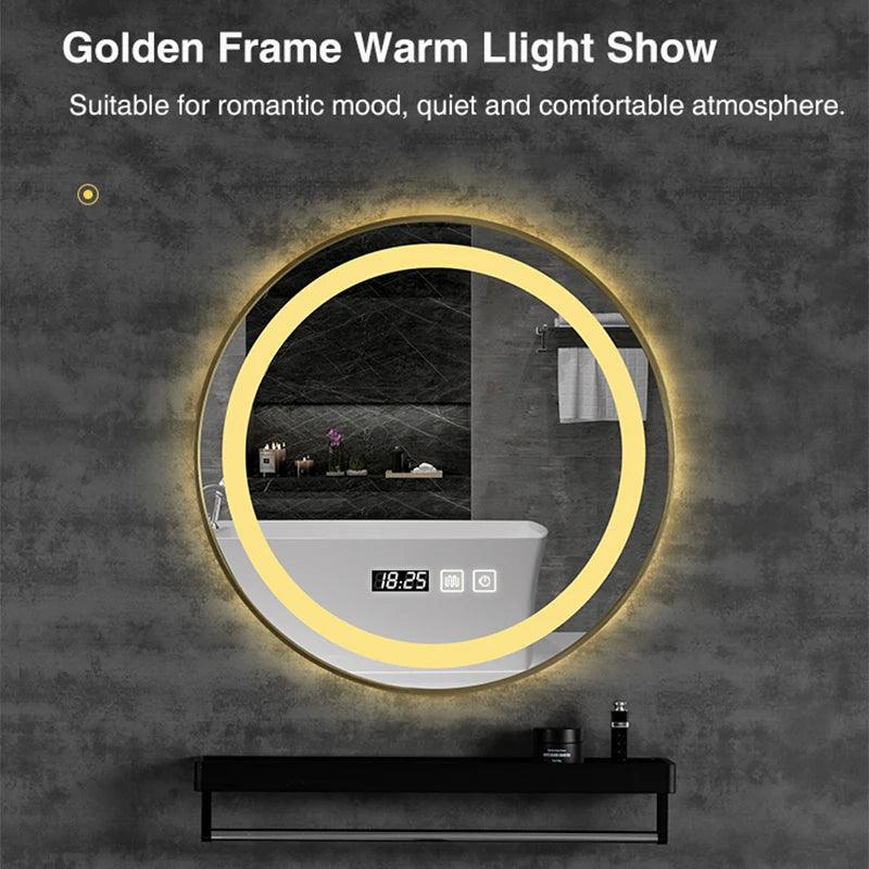 Round Smart LED Bathroom Mirror With Golden/Black Frame 3 Color LIght With Bluetooth Speaker Time&Temperature Display Defogging - Pacisia