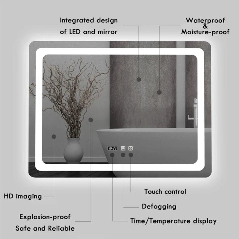 50X70cm Rectangular Smart Demist Bathroom Mirror 3 Color Adjustable LED Multifunction LIght With Brightness Sensory Switch - Pacisia
