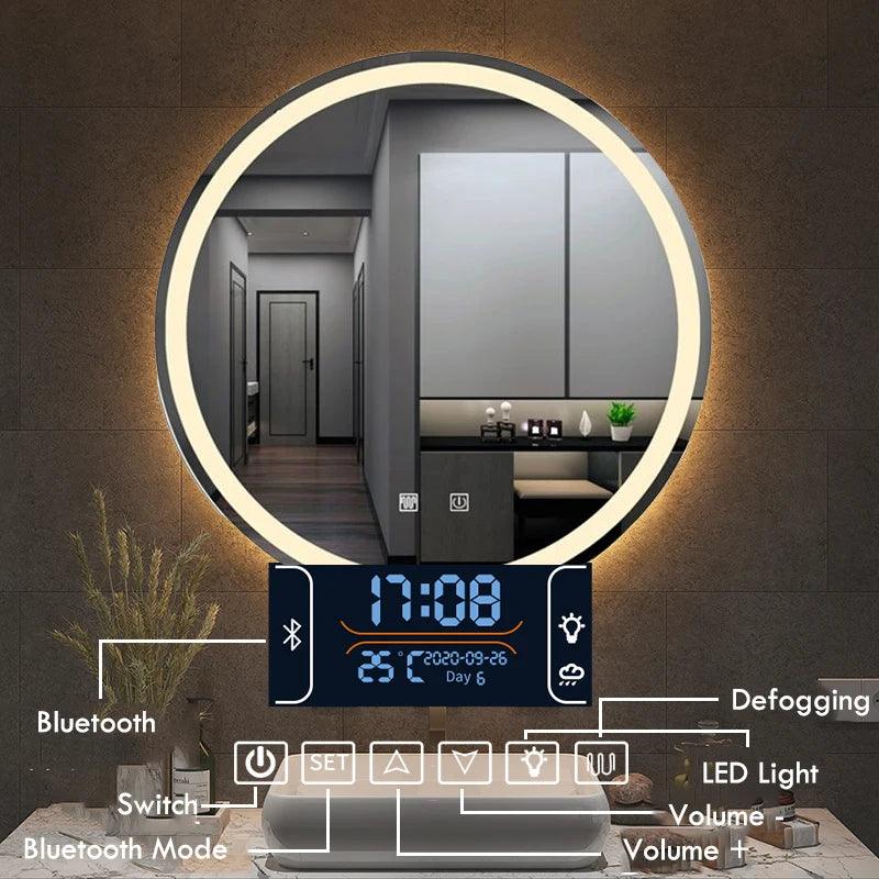 Round Smart LED Bathroom Mirror With Golden/Black Frame 3 Color LIght With Bluetooth Speaker Time&Temperature Display Defogging - Pacisia