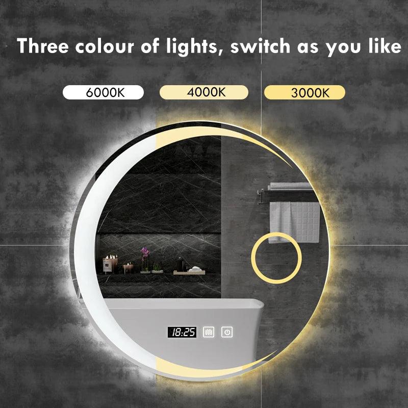 40/50/60cm Round Moon Shape Bathroom Mirror 3 Color Adjustable LED LIght With Defogging Bluetooth Speaker Smart Makeup Mirror - Pacisia
