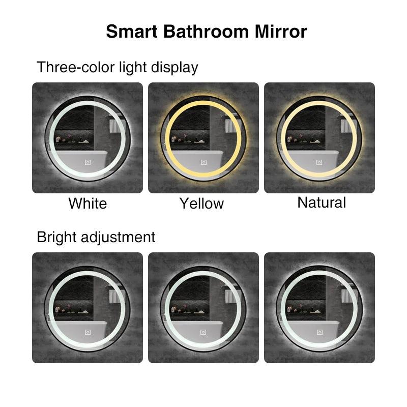 Round Smart LED Bathroom Mirror With Golden/Black Frame 3 Color LIght With Bluetooth Speaker Time&Temperature Display Defogging - Pacisia