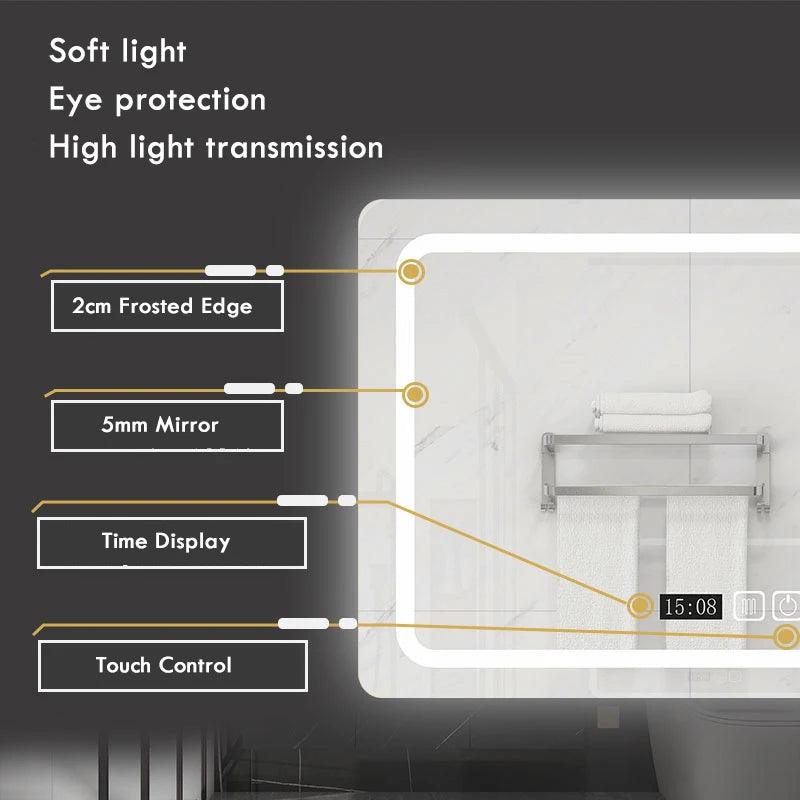 50X70cm Rectangular Smart Demist Bathroom Mirror 3 Color Adjustable LED Multifunction LIght With Brightness Sensory Switch - Pacisia