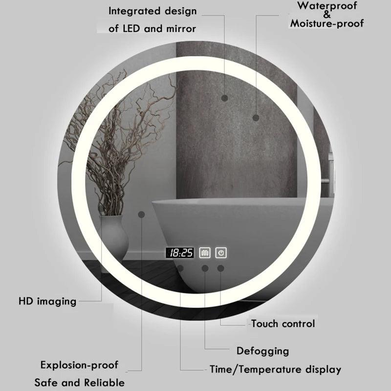 Round Smart LED Bathroom Mirror With Golden/Black Frame 3 Color LIght With Bluetooth Speaker Time&Temperature Display Defogging - Pacisia