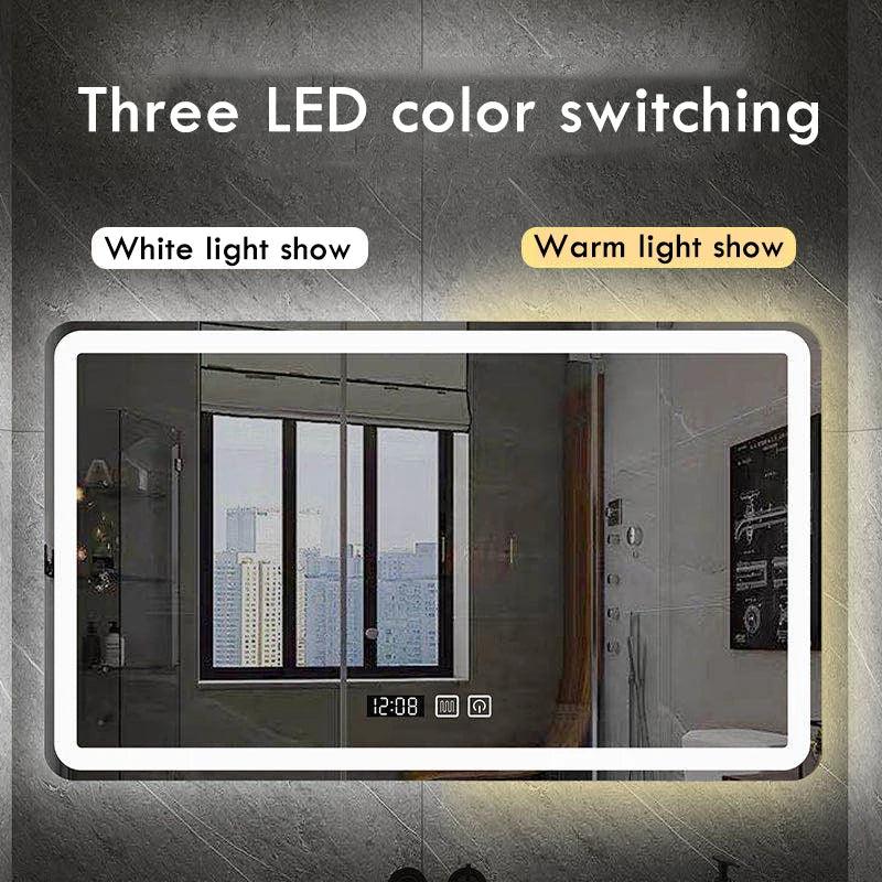 50X70cm Rectangular Smart Demist Bathroom Mirror 3 Color Adjustable LED Multifunction LIght With Brightness Sensory Switch - Pacisia