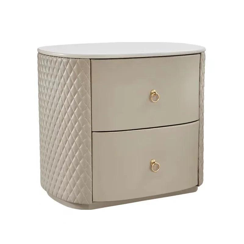 Luxury Solid Wood Oval Night Stands Modern Leather Wrapped Simple Bedside Table with Slate Storage Cabinet for Bedroom Furniture - Pacisia