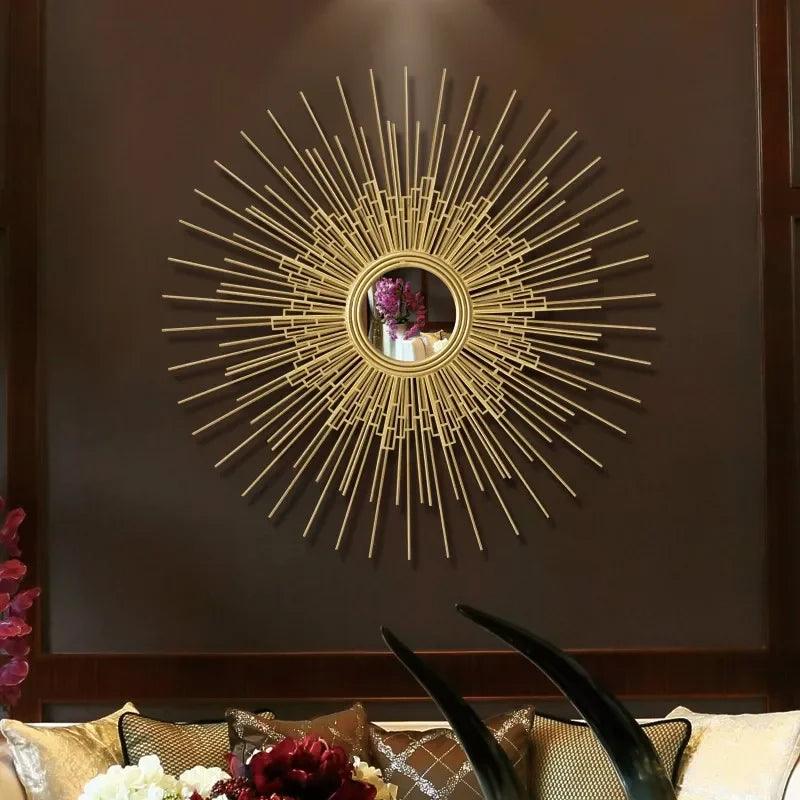 Europe Wrought Iron Wall Hanging Gold Sun Flower Decorative Mirrors Decor Home Livingroom Background Wall Mural Ornaments Crafts - Pacisia