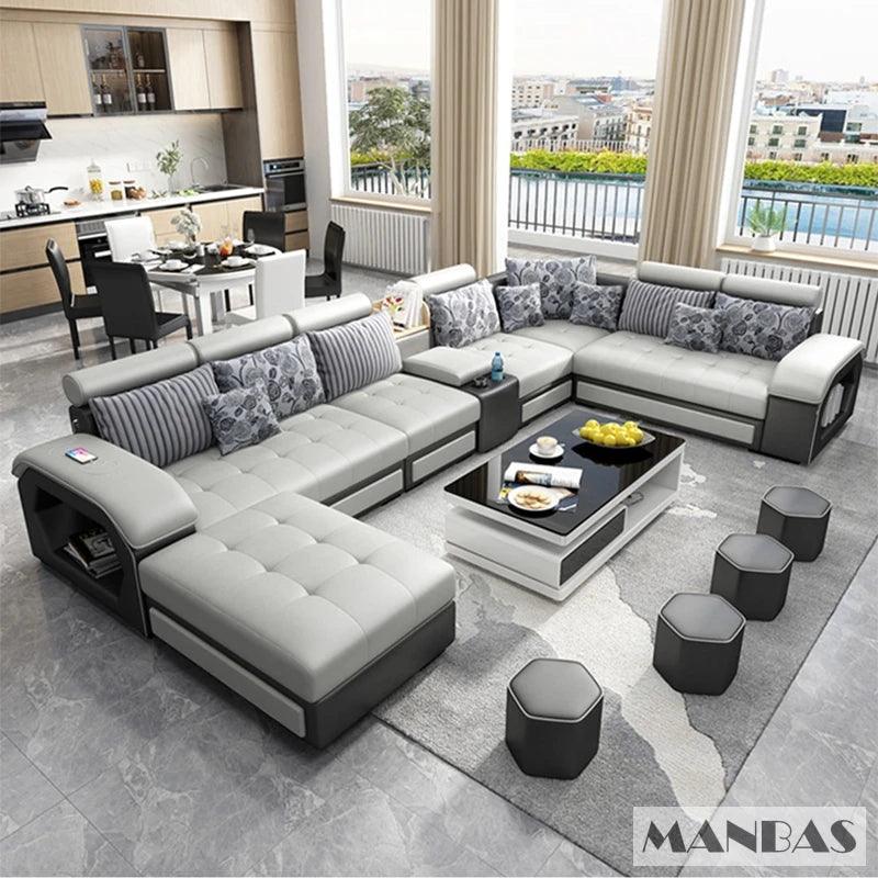 MINGDIBAO Fabric Sofa Set Furniture Living Room Sofa Set with USB and Stools / Big U Shape Cloth Couch Sofas for Home Furniture - Pacisia