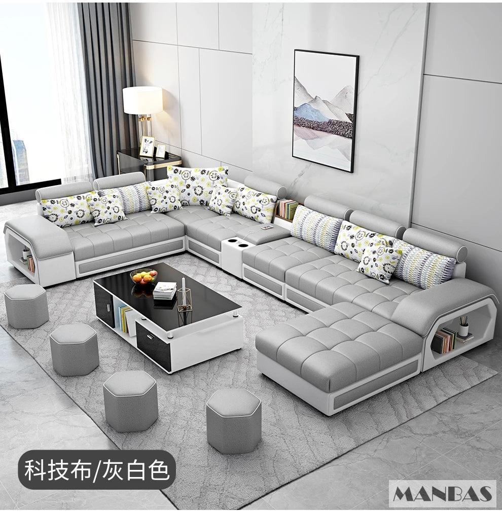 MINGDIBAO Fabric Sofa Set Furniture Living Room Sofa Set with USB and Stools / Big U Shape Cloth Couch Sofas for Home Furniture - Pacisia