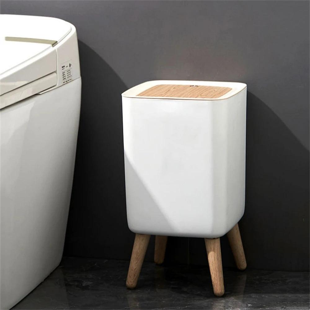 High Foot Wood Grain Trash Can Kitchen Bathroom Living Room Home Garbage Bin Storage Bucket Office Hotel Trash Can Waste Bins - Pacisia