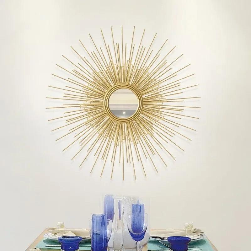 Europe Wrought Iron Wall Hanging Gold Sun Flower Decorative Mirrors Decor Home Livingroom Background Wall Mural Ornaments Crafts - Pacisia