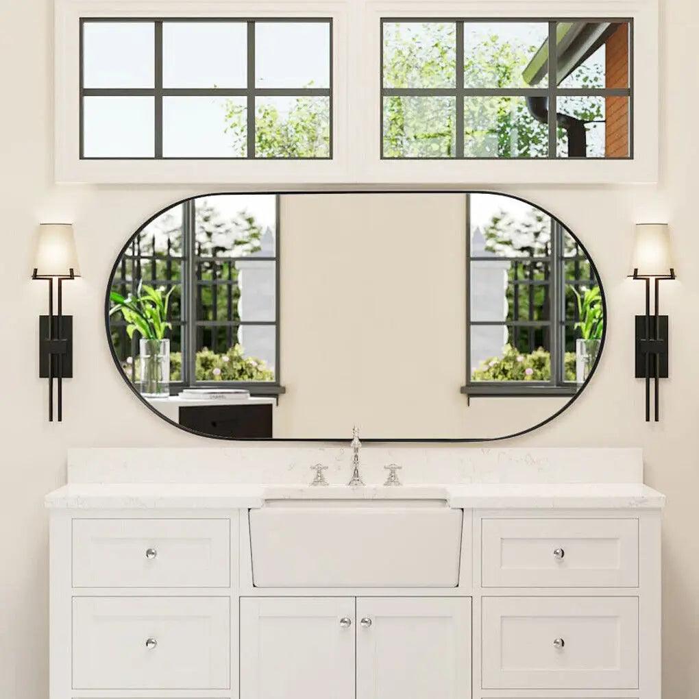 LUVODI Modern Black Metal Framed Dressing Mirror Oval Bathroom Vanity Mirror for Wall - Pacisia