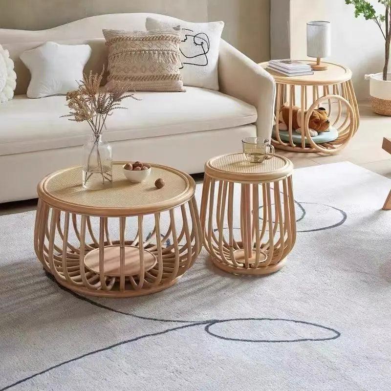 Nordic modern minimalist rattan weaving table small unit balcony living room creative retro home homestay circular coffee table - Pacisia