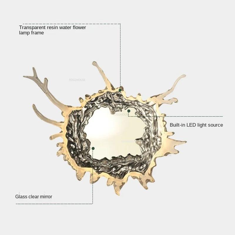 Designer Home Decor Resin Art Water Splash Decorative Mirrors European Dresser Bathroom Creative Wall-mounted Mirror with Light - Pacisia