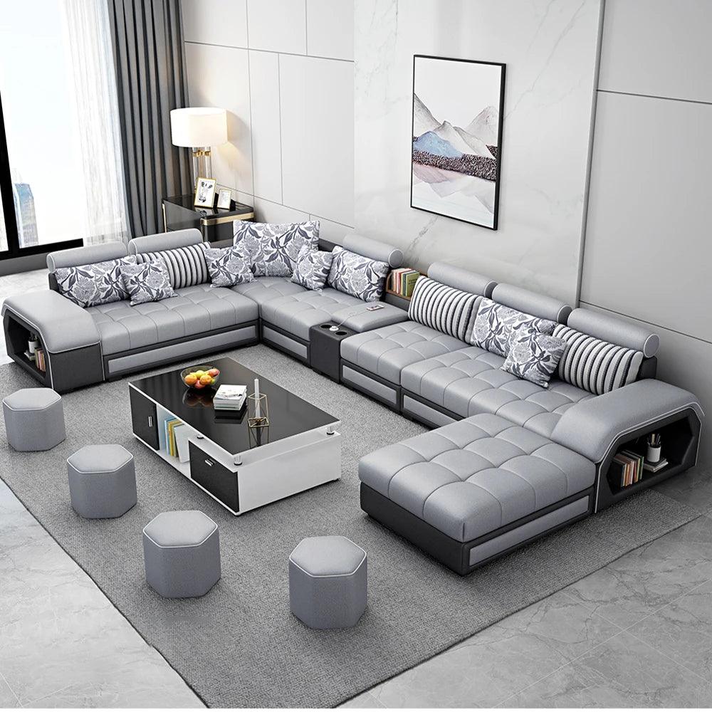 MINGDIBAO Fabric Sofa Set Furniture Living Room Sofa Set with USB and Stools / Big U Shape Cloth Couch Sofas for Home Furniture - Pacisia