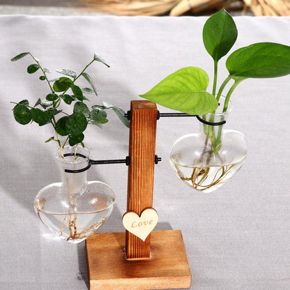 Love Heart Shape Clear Glass Hydroponic Flower Vase Terrarium Wooden Stand Holder Decoratio Glass Tabletop Plant Flower Vase - Pacisia