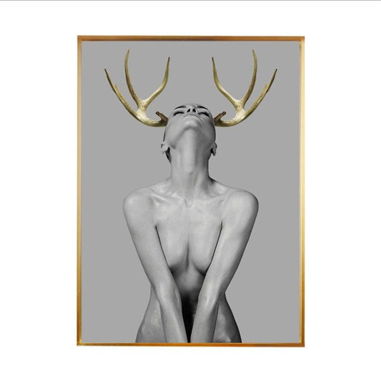 Abstract Girl with Antlers Canvas Painting - Modern Minimalist Wall Art Decor - Pacisia