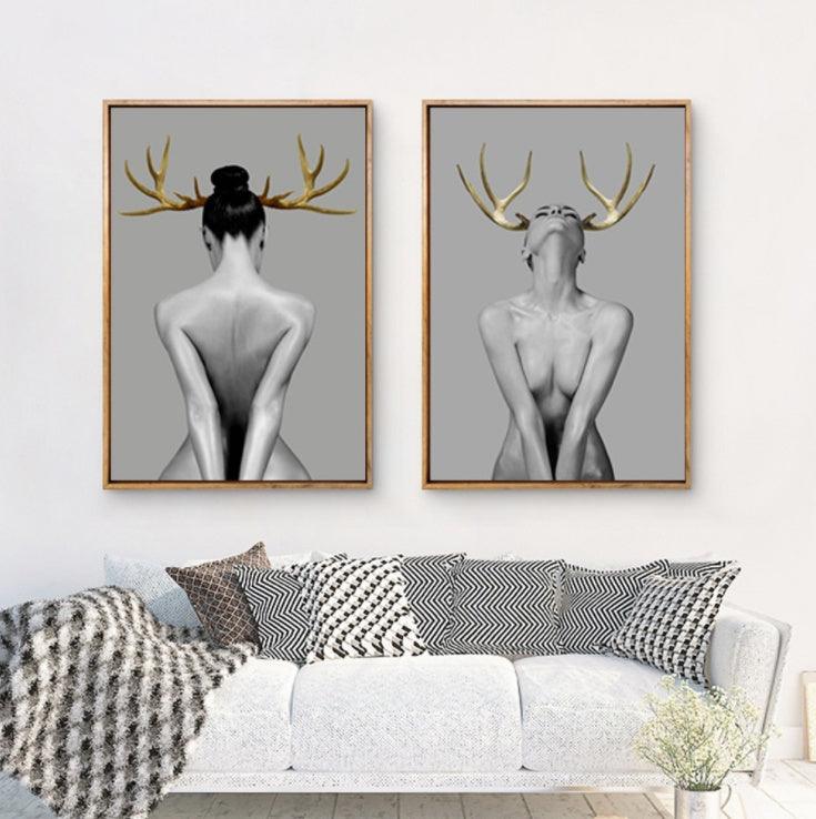 Abstract Girl with Antlers Canvas Painting - Modern Minimalist Wall Art Decor - Pacisia