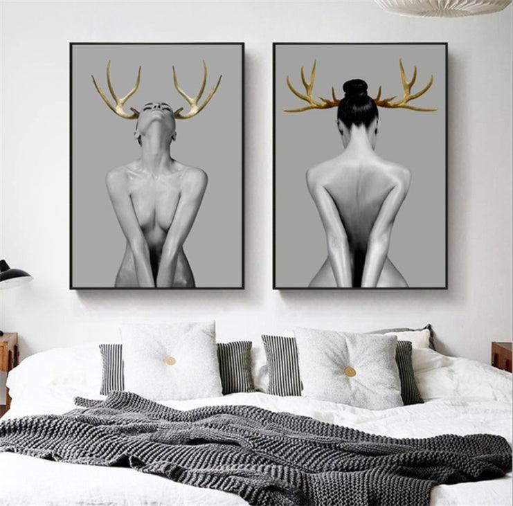 Abstract Girl with Antlers Canvas Painting - Modern Minimalist Wall Art Decor - Pacisia