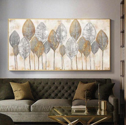 Abstract Golden Leaves Wall Art - Large Canvas Oil Painting for Home Decoration - Pacisia