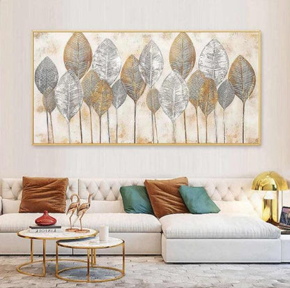 Abstract Golden Leaves Wall Art - Large Canvas Oil Painting for Home Decoration - Pacisia