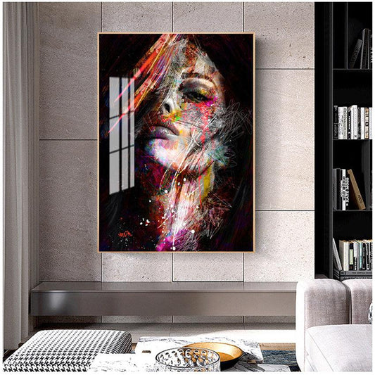 Abstract Portrait Wall Art - Vibrant Female Face Canvas Painting for Modern Decor - Pacisia