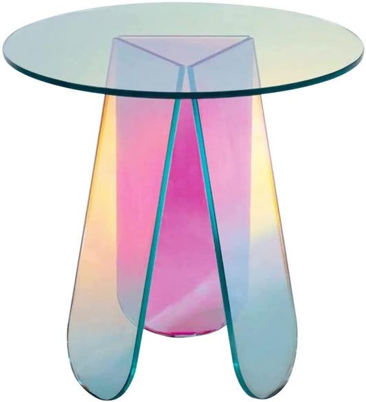 Acrylic Rainbow Color Coffee Table, Iridescent Glass End Table Round Side Table Modern Accent TV Table for Living Bed Room Decoration,small,Amazon Banned - Pacisia