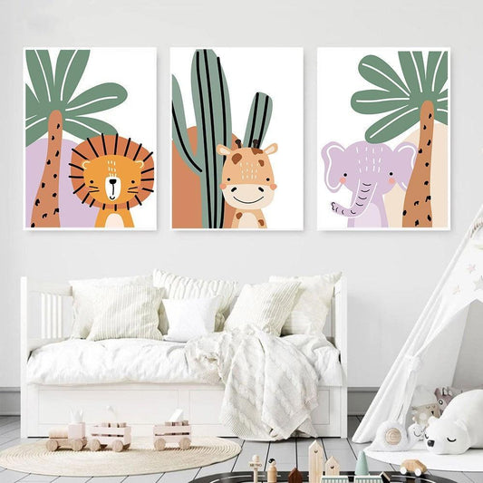 Adorable Safari Animal Canvas Art Set - Modern Wall Decor for Kids Room and Nursery - Pacisia