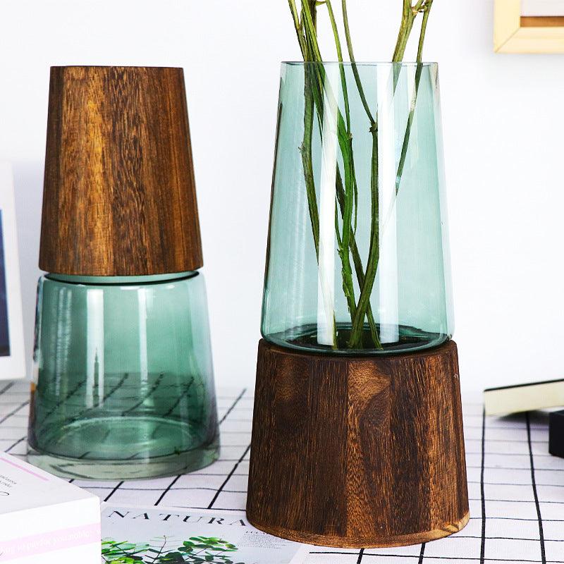 Wooden Barrel Transparent Glass Vase Living Room Dried Flowers Flower Arrangement Decoration Desktop Floral Ornaments - Pacisia
