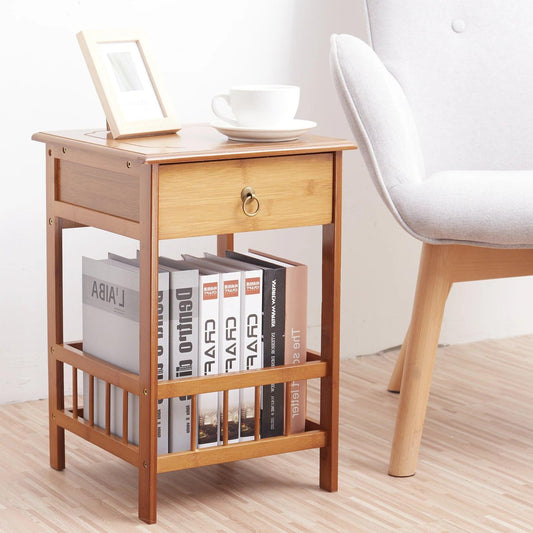 Bamboo Bedside Table with Drawer Bedroom Nightstand Plant Storage Shelving Unit - Pacisia