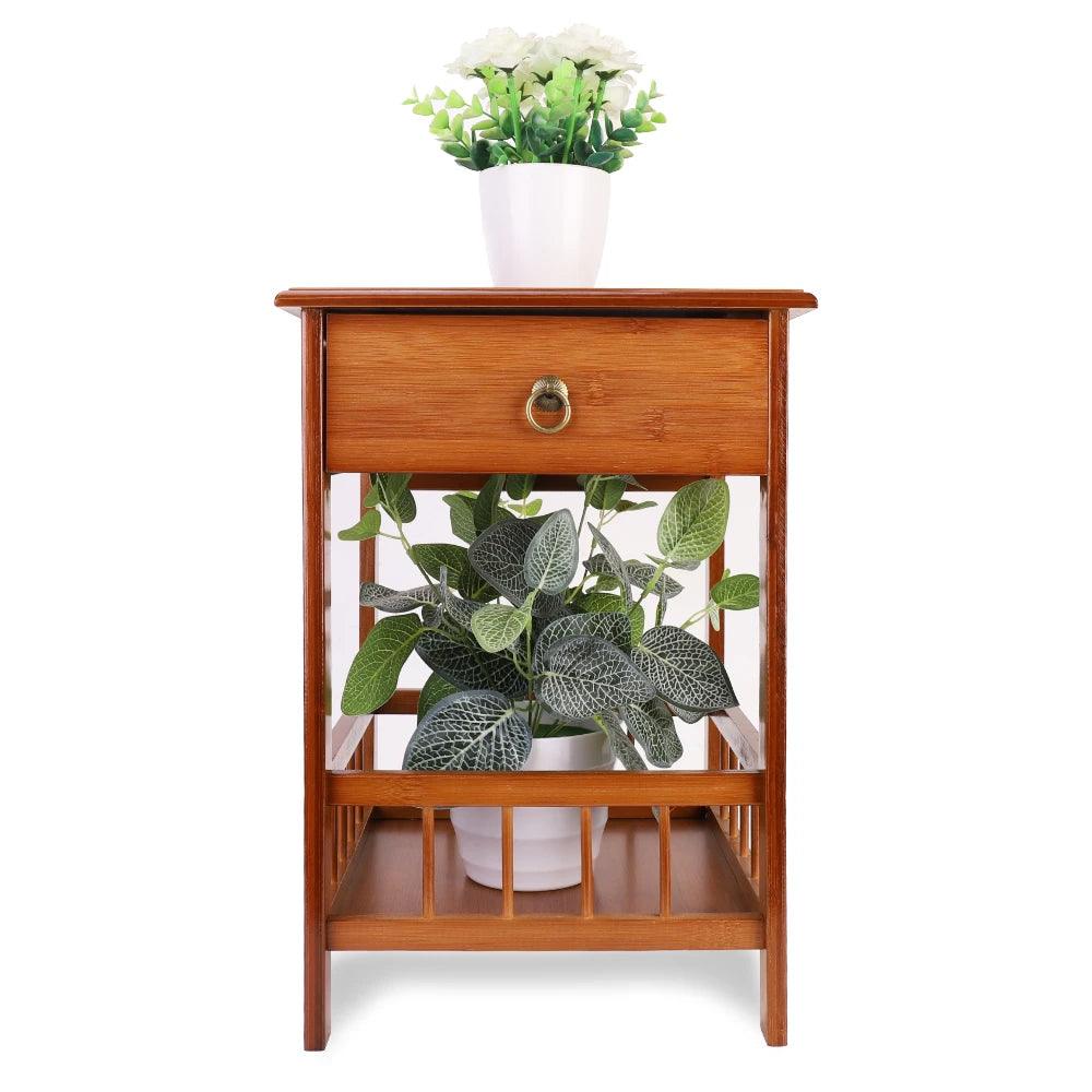 Bamboo Bedside Table with Drawer Bedroom Nightstand Plant Storage Shelving Unit - Pacisia