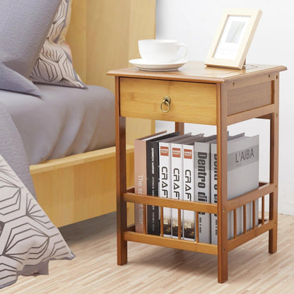 Bamboo Bedside Table with Drawer Bedroom Nightstand Plant Storage Shelving Unit - Pacisia