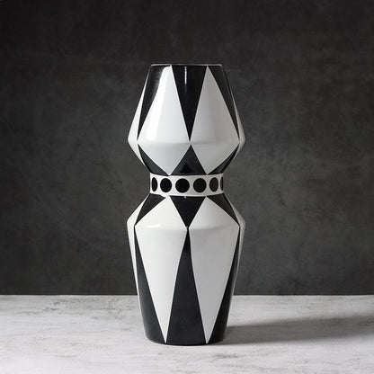 Black And White Striped Geometric Ceramic Vase Flower Ornaments - Pacisia