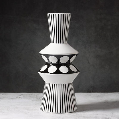 Black And White Striped Geometric Ceramic Vase Flower Ornaments - Pacisia